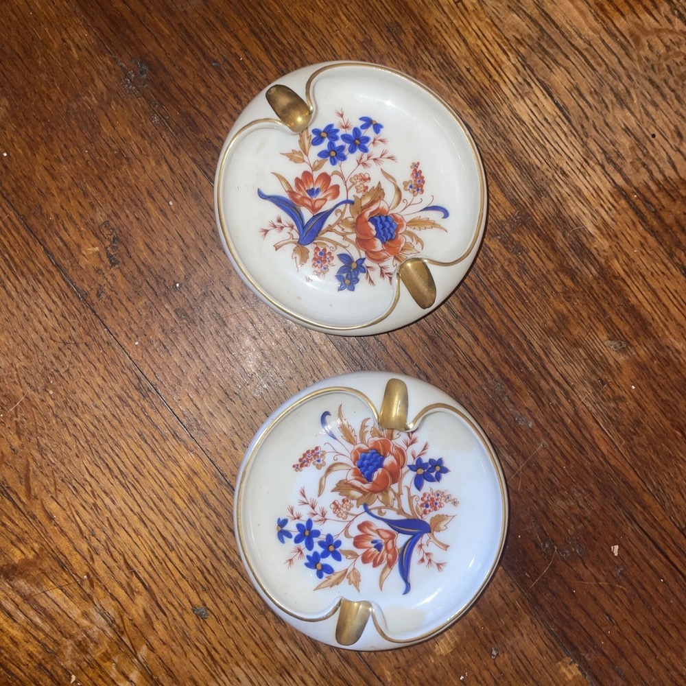Rare Vintage Pair Of‎ Blue And Orange Floral Ashtrays From Portugal